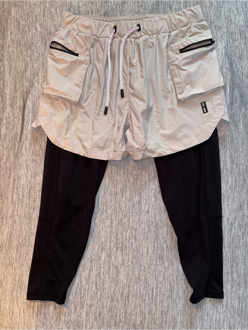 ASRV Two-in-One Athletic Shorts with Attached Black Leggings - Off white